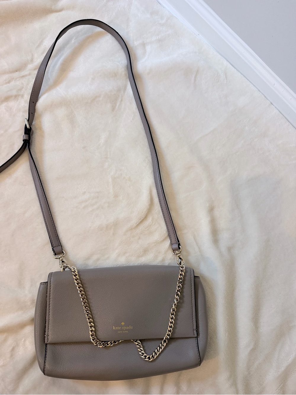 kate spade gray taupe leather crossbody with gold chain